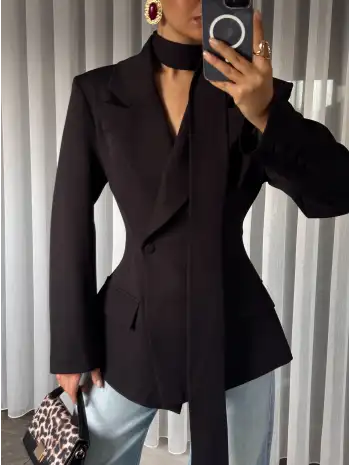 Vatkalı tasarım blazer ceket - Siyah