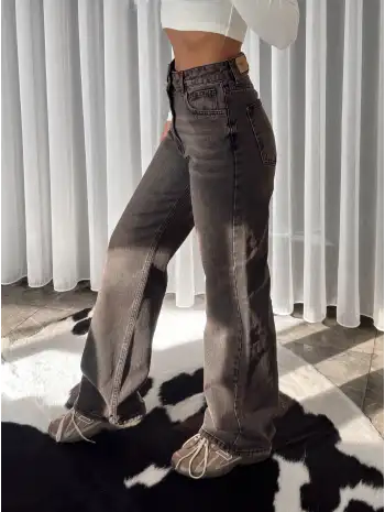 Yüksek bel vintage yıkamalı / Geniş paça jean