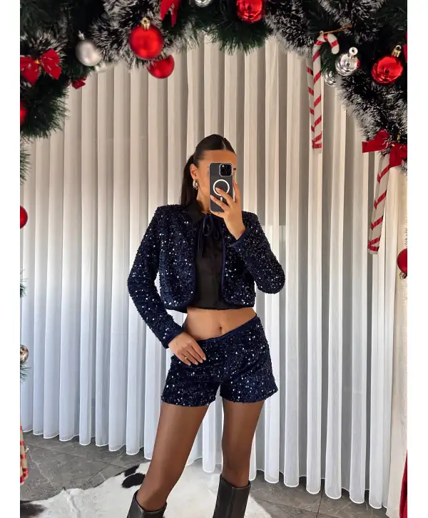 Bağlamalı Payetli Ceket - Lacivert