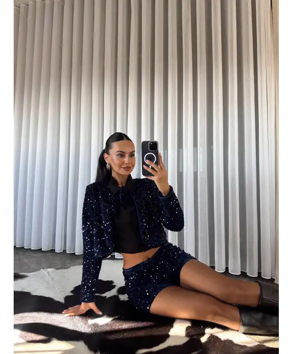 Bağlamalı Payetli Ceket - Lacivert