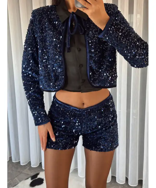 Bağlamalı Payetli Ceket - Lacivert