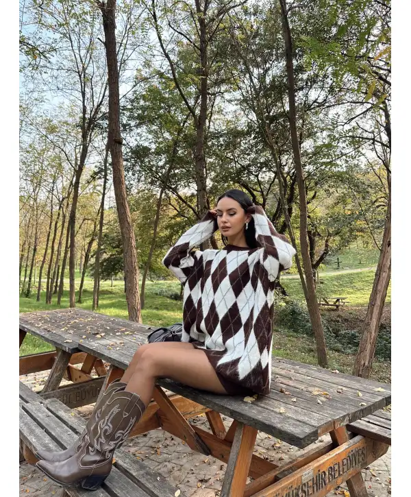 Baklava Desen Oversize Kazak -Kahverengi