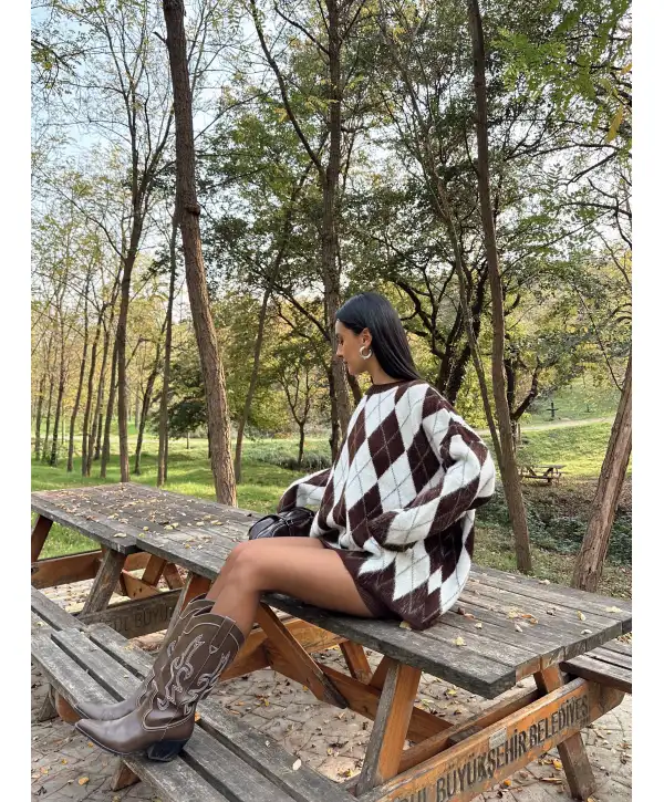 Baklava Desen Oversize Kazak -Kahverengi