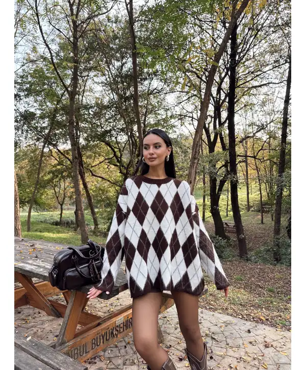 Baklava Desen Oversize Kazak -Kahverengi