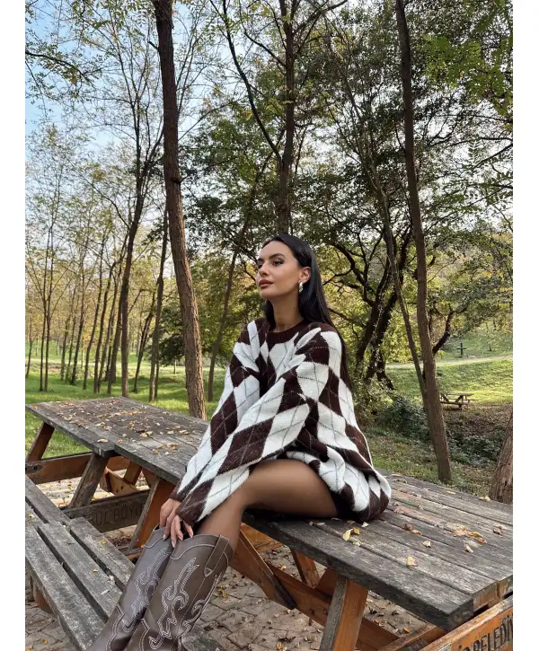 Baklava Desen Oversize Kazak -Kahverengi