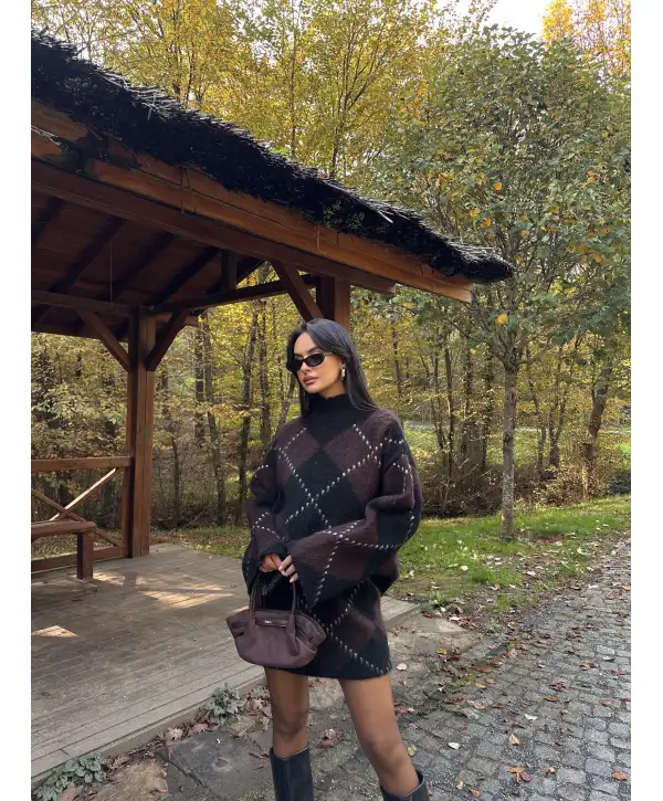 Baklava Desenli Oversize Kazak Etek Takım