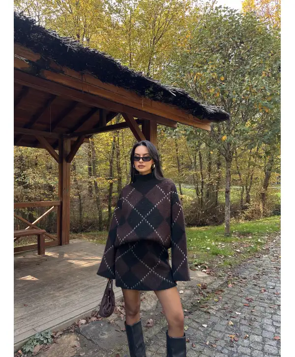 Baklava Desenli Oversize Kazak Etek Takım