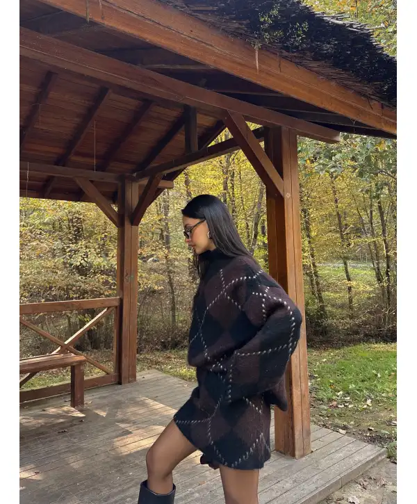 Baklava Desenli Oversize Kazak Etek Takım