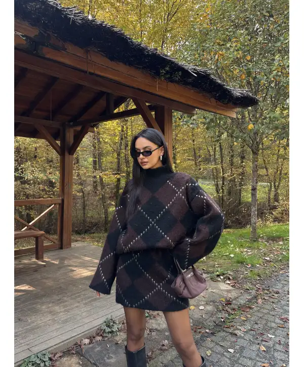 Baklava Desenli Oversize Kazak Etek Takım