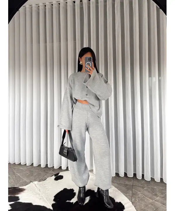 Bel katlama detay triko takım - Gri