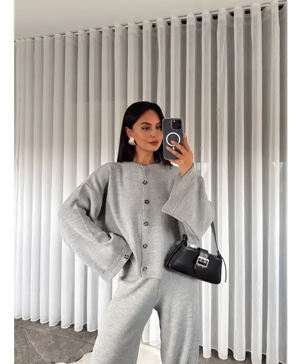 Bel katlama detay triko takım - Gri