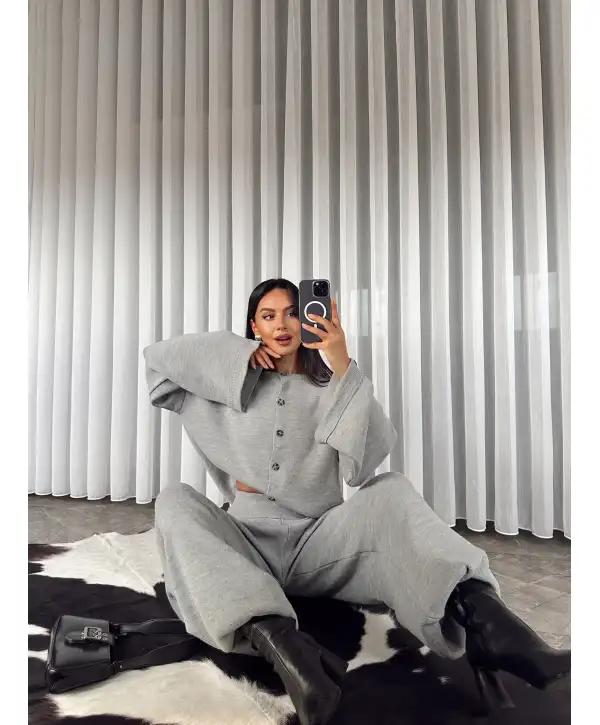 Bel katlama detay triko takım - Gri