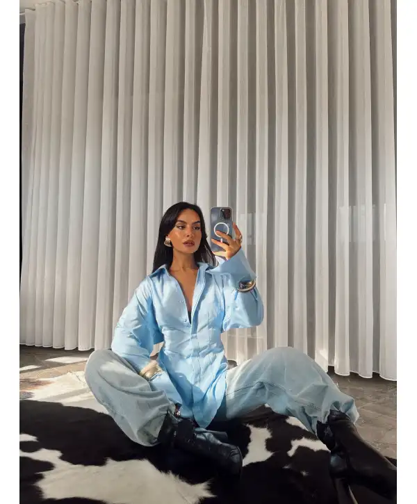 Belden oturtmalı gömlek - mavi