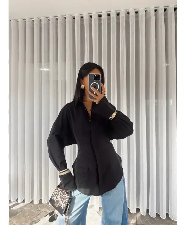 Belden oturtmalı gömlek - Siyah