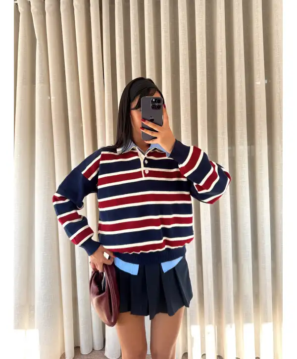 Çizgili polo yaka kazak