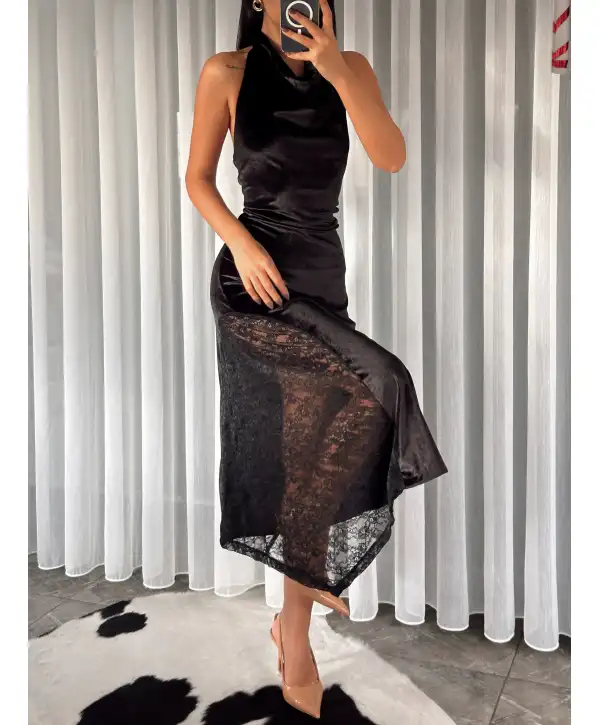 Dantel detay kadife elbise - Siyah