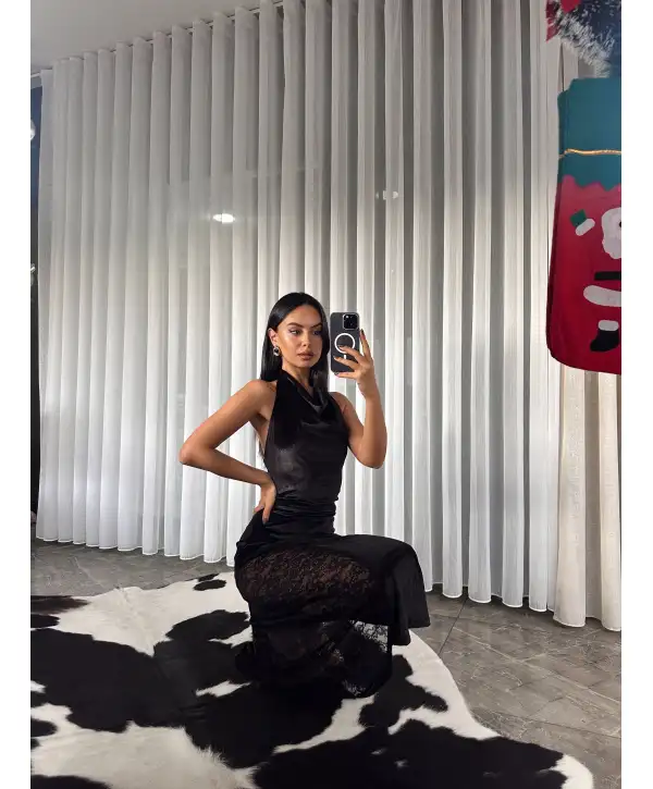 Dantel detay kadife elbise - Siyah