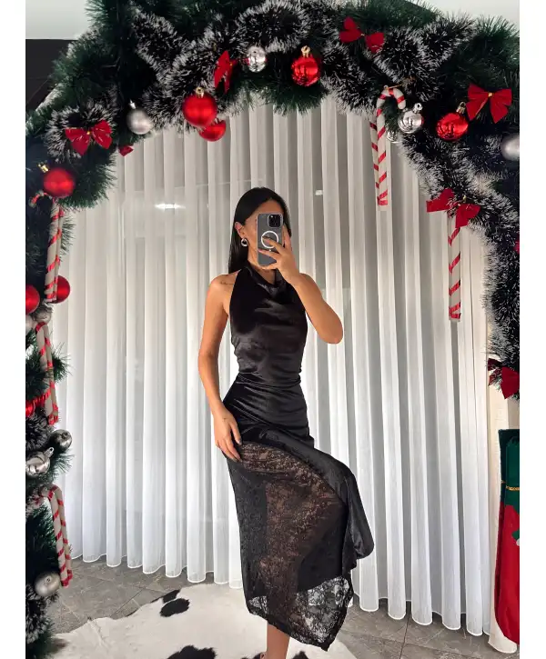 Dantel detay kadife elbise - Siyah