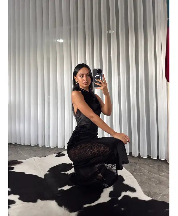 Dantel detay kadife elbise - Siyah