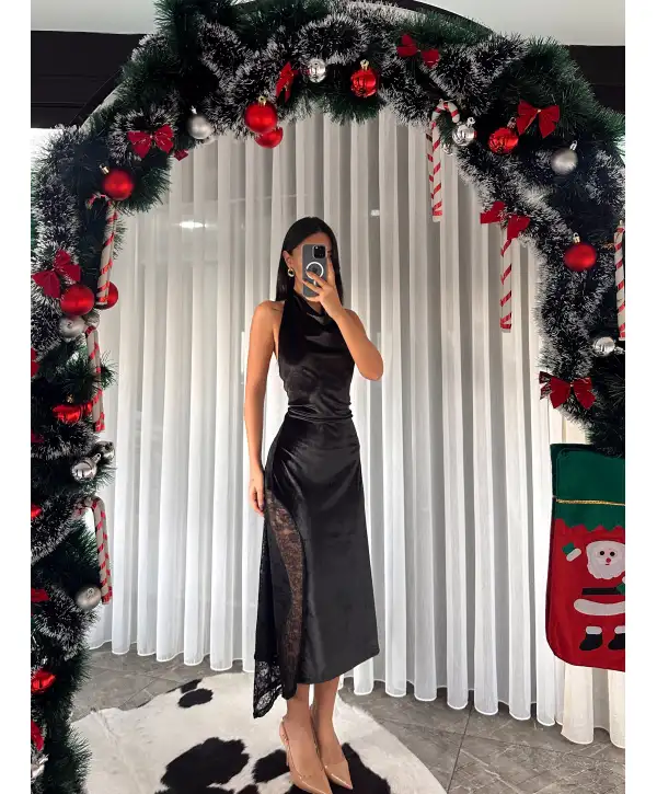 Dantel detay kadife elbise - Siyah