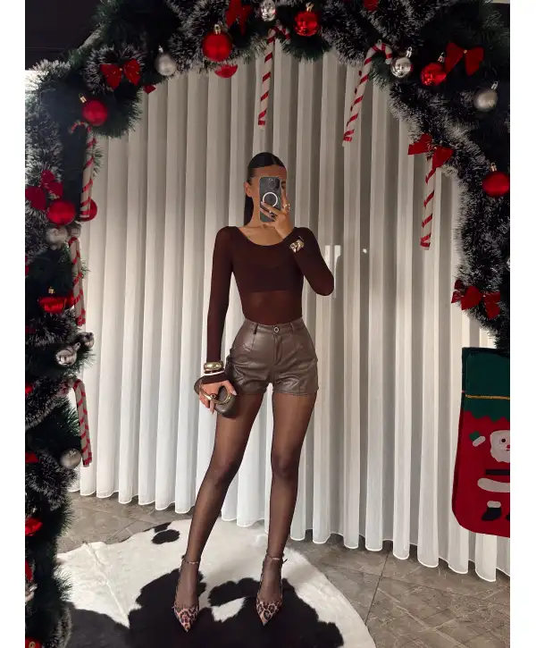 Deri mini şort - Kahverengi