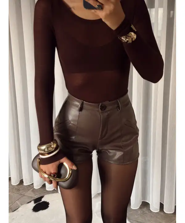 Deri mini şort - Kahverengi