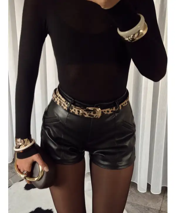 Deri mini şort - Siyah