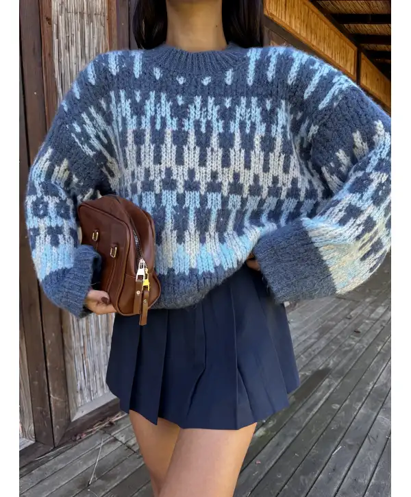 Desenli triko kazak - Mavi