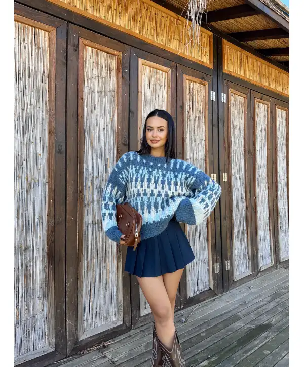 Desenli triko kazak - Mavi