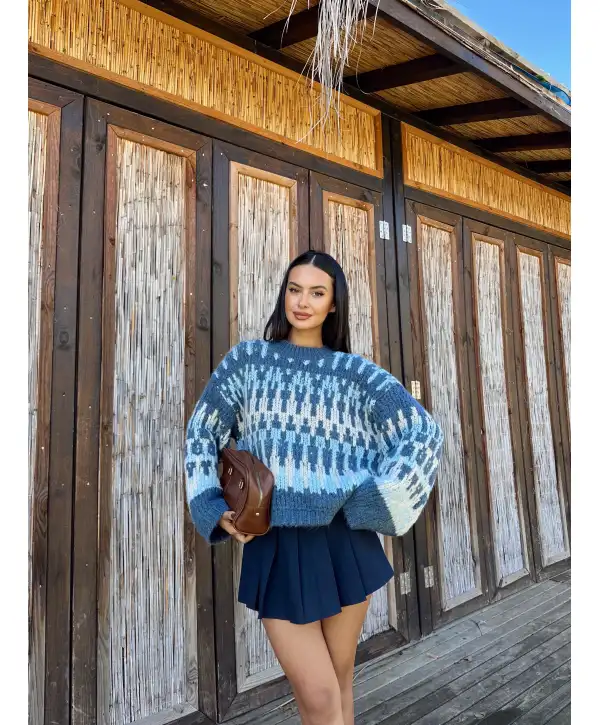 Desenli triko kazak - Mavi