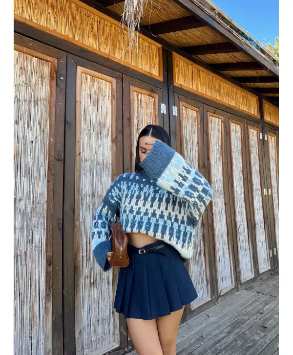 Desenli triko kazak - Mavi