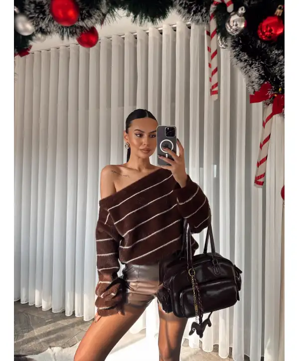 Düşük omuz yumuş çizgili kazak - Kahverengi