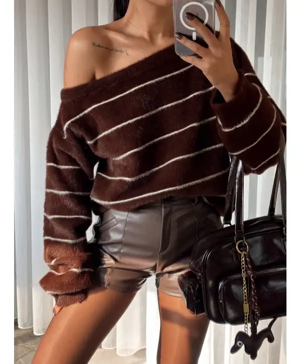 Düşük omuz yumuş çizgili kazak - Kahverengi