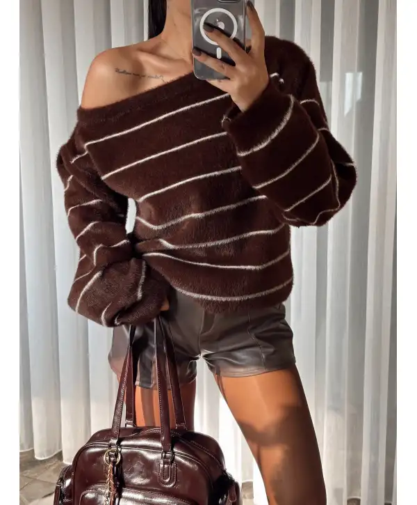 Düşük omuz yumuş çizgili kazak - Kahverengi