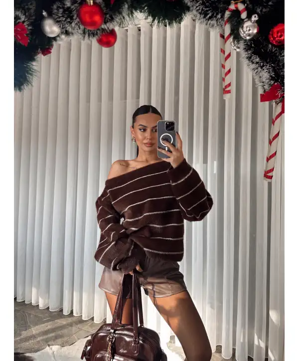 Düşük omuz yumuş çizgili kazak - Kahverengi