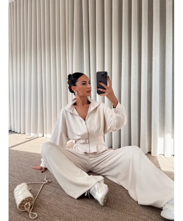 geniş paçalı kemer detay eşofman takımı