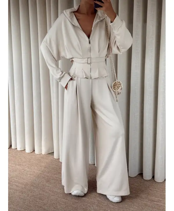 geniş paçalı kemer detay eşofman takımı