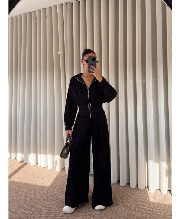 geniş paçalı kemer detay eşofman takımı