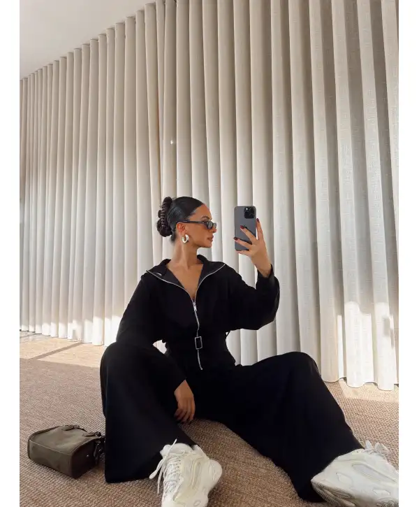 geniş paçalı kemer detay eşofman takımı