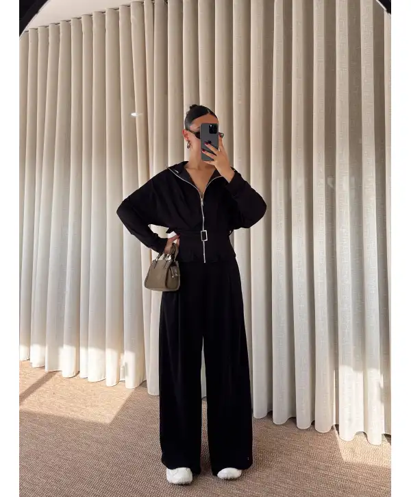 geniş paçalı kemer detay eşofman takımı