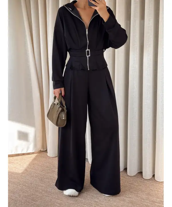 geniş paçalı kemer detay eşofman takımı