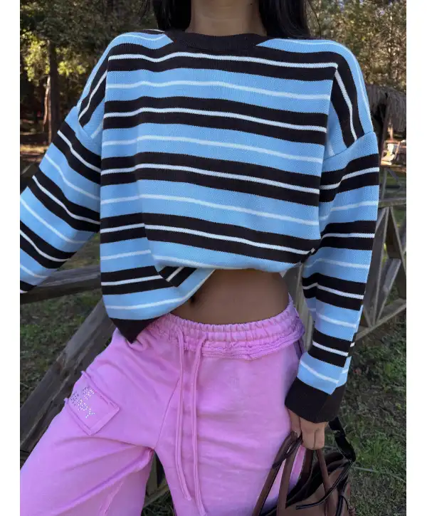 Kahverengi Çizgili Triko Kazak