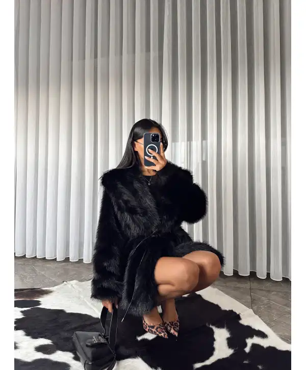 Kemerli şal yaka kürk - Siyah