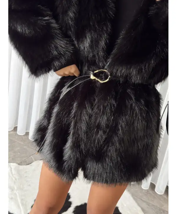 Kemerli şal yaka kürk - Siyah