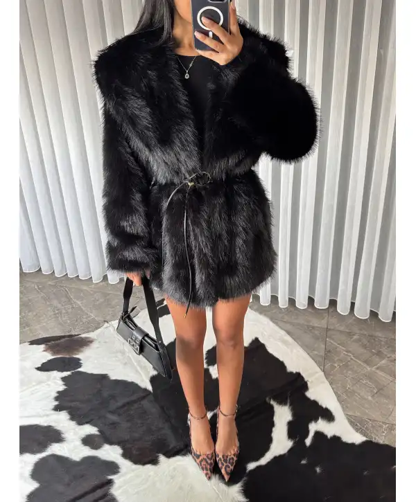 Kemerli şal yaka kürk - Siyah