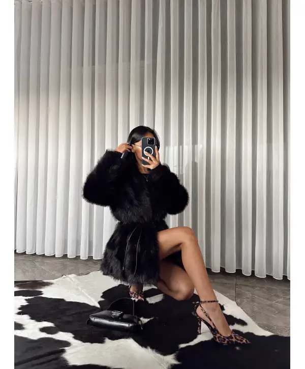 Kemerli şal yaka kürk - Siyah