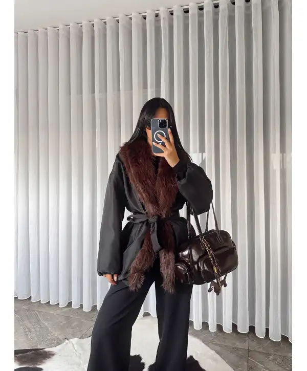 Kürk Detay Kuşaklı Mont - Siyah