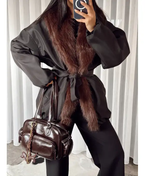 Kürk Detay Kuşaklı Mont - Siyah