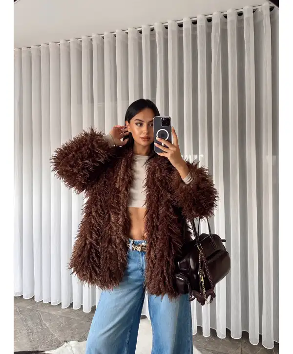 Marka model premium peluş kürk - Kahverengi