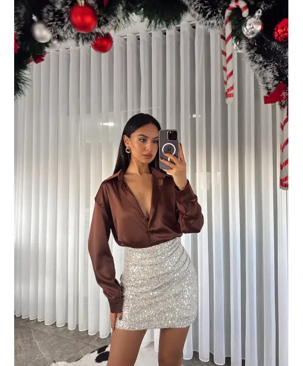 Payetli mini etek - Bej